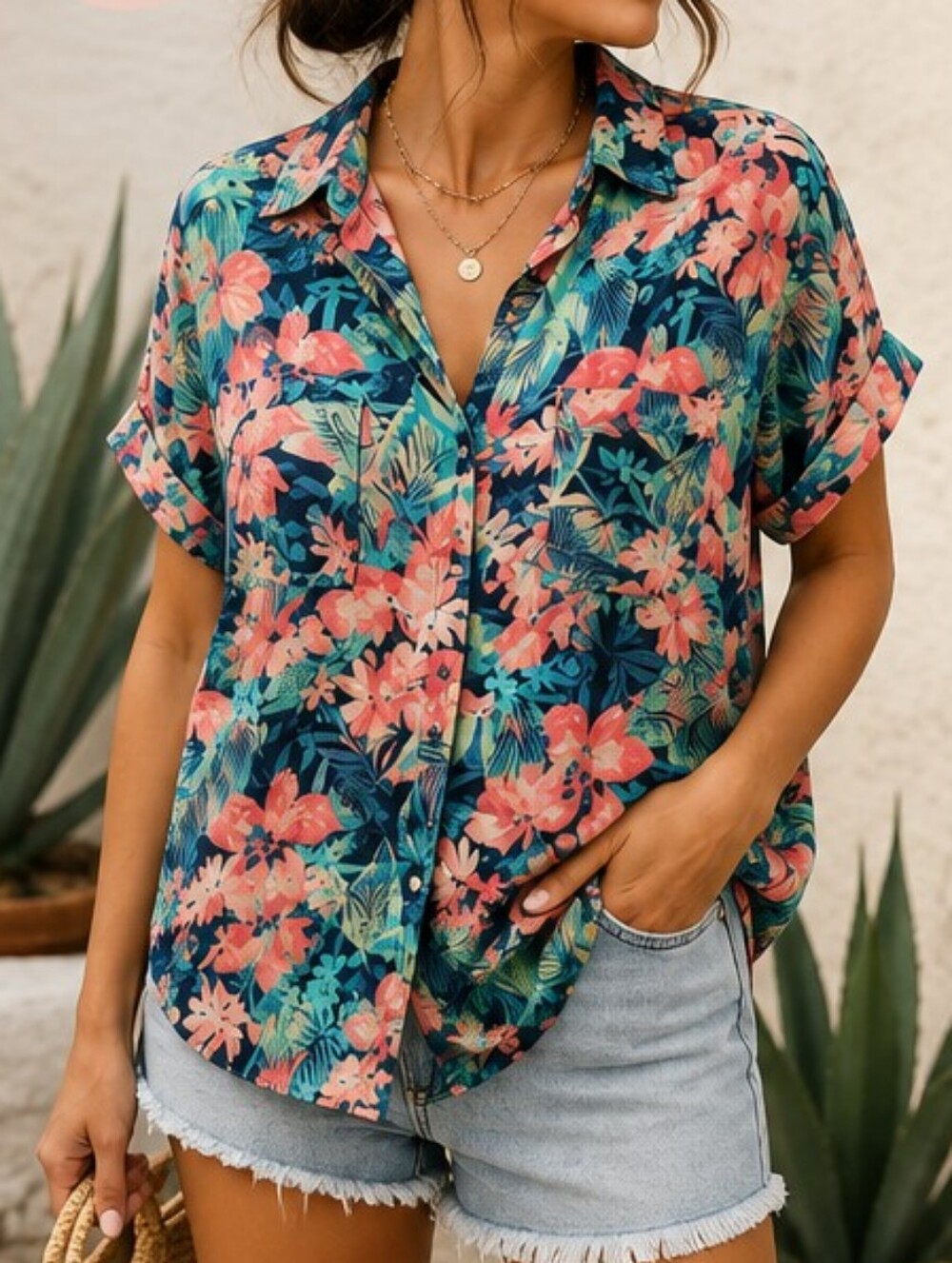 Jessica Simpson Navy & Coral Floral Short-Sleeve Button-Down Shirt (JJ)